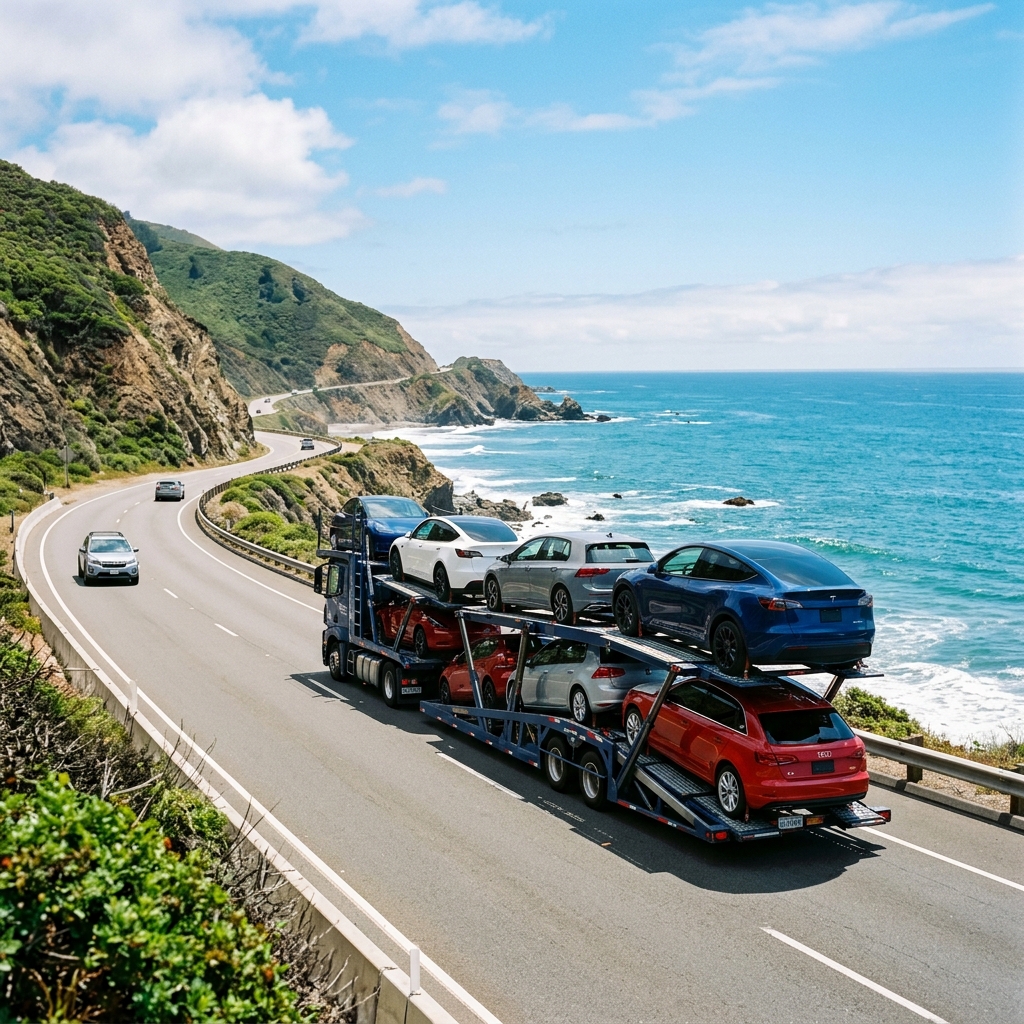 America Car Transport - Safe and Reliable Vehicle Shipping Nationwide America Car Transport trusted auto carrier truck driving safely on a scenic coastal highway