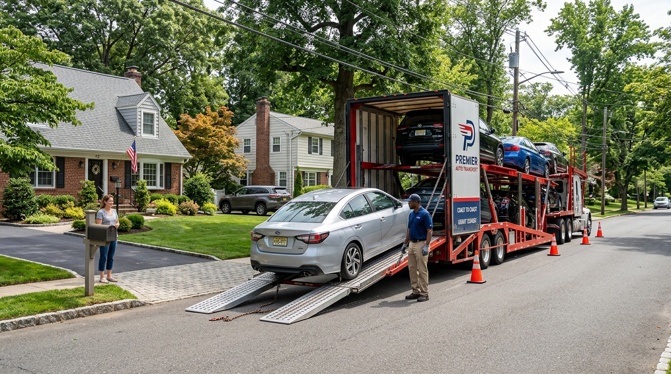 Large car-hauling truck navigating a residential street for door-to-door delivery Large car-hauling truck navigating a residential street for door-to-door delivery