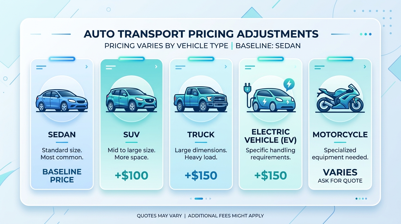 Comparison chart of car shipping cost by vehicle type including sedan, SUV, truck, and EV Comparison chart of car shipping cost by vehicle type including sedan, SUV, truck, and EV