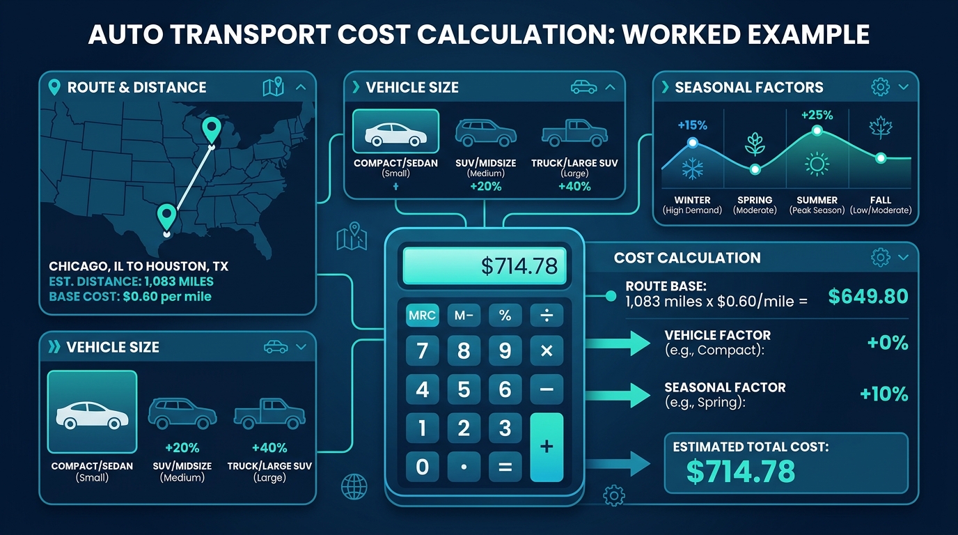 Worked example showing how car shipping cost is calculated from distance, vehicle size, and season Worked example showing how car shipping cost is calculated from distance, vehicle size, and season