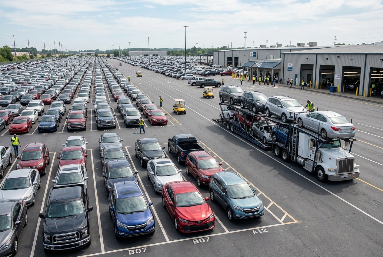 Dealer and auction lot with multi-car carrier loading vehicles for commercial transport