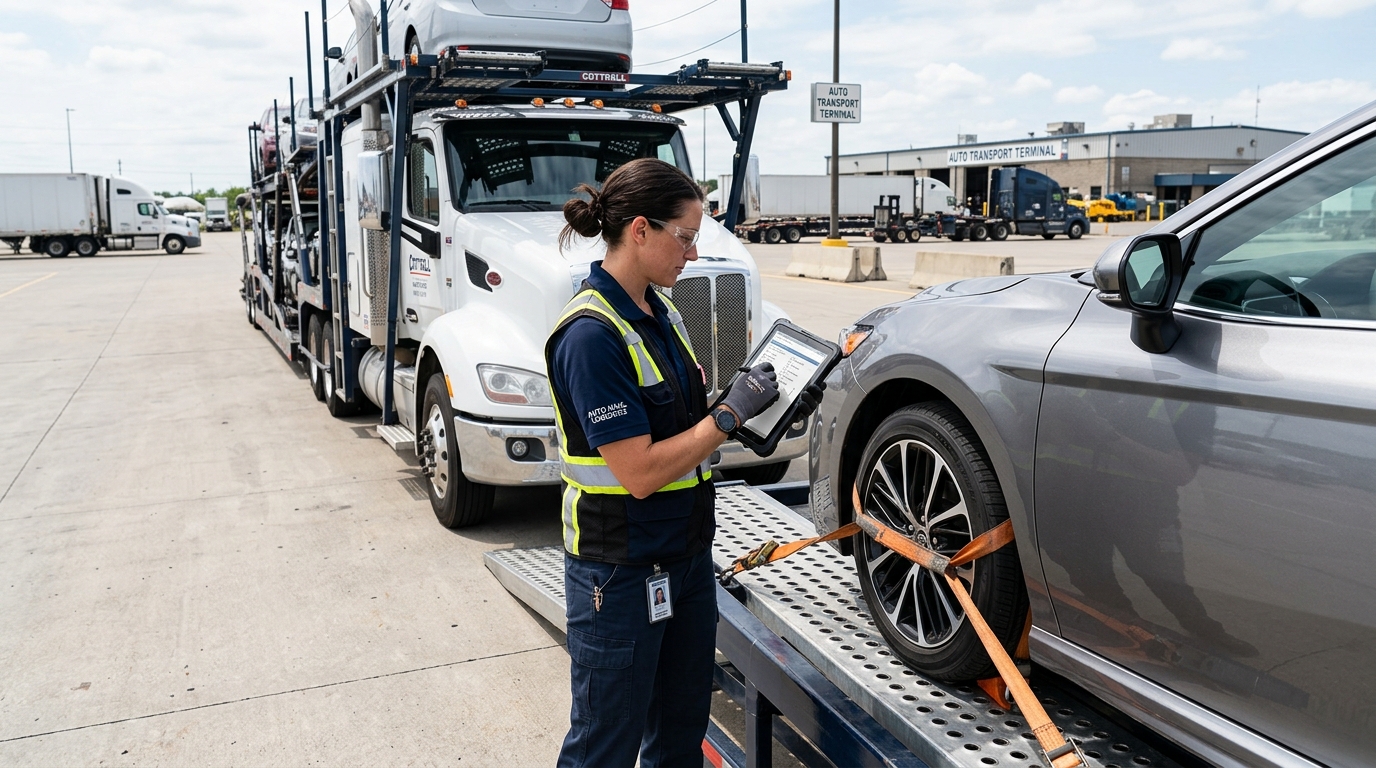 Driver and customer completing a vehicle inspection during door-to-door pickup Driver and customer completing a vehicle inspection during door-to-door pickup