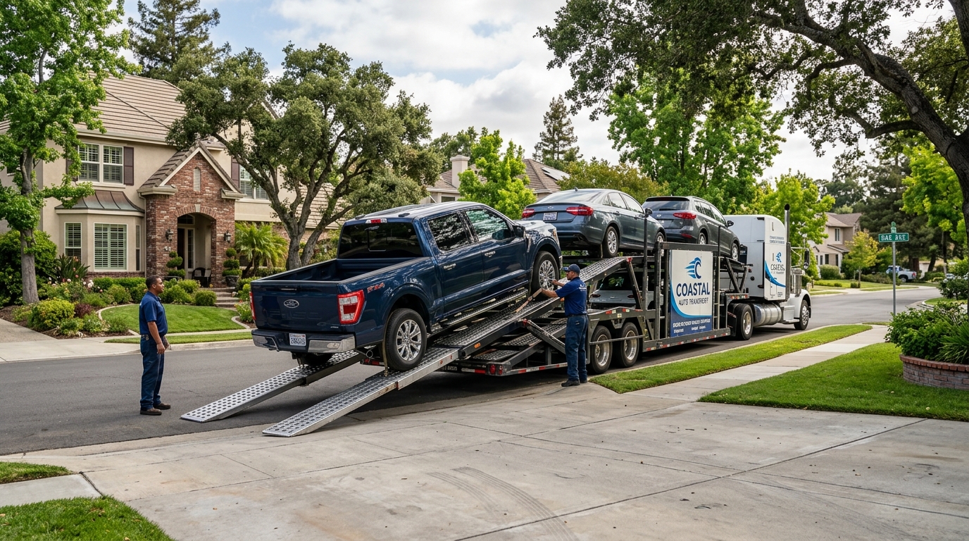 Door-to-door car shipping carrier picking up a vehicle at a residential home Door-to-door car shipping carrier picking up a vehicle at a residential home