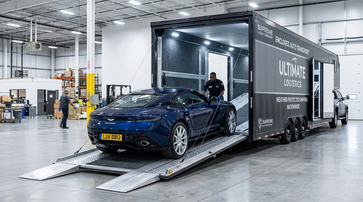 Enclosed auto transport trailer loading a luxury car for weather-protected shipping Enclosed auto transport trailer loading a luxury car for weather-protected shipping