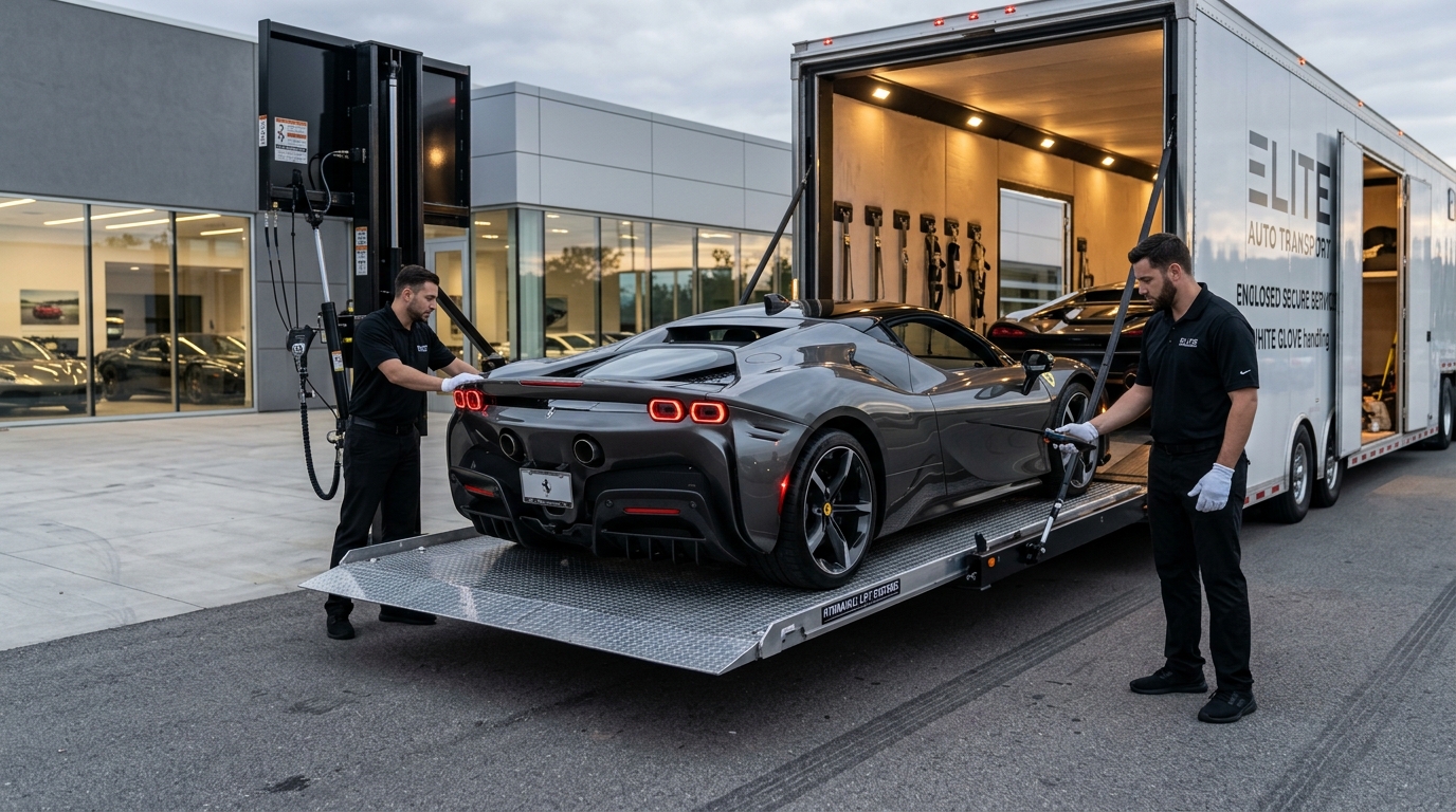 Hydraulic liftgate loading a low-clearance exotic car onto an enclosed transport trailer Hydraulic liftgate loading a low-clearance exotic car onto an enclosed transport trailer