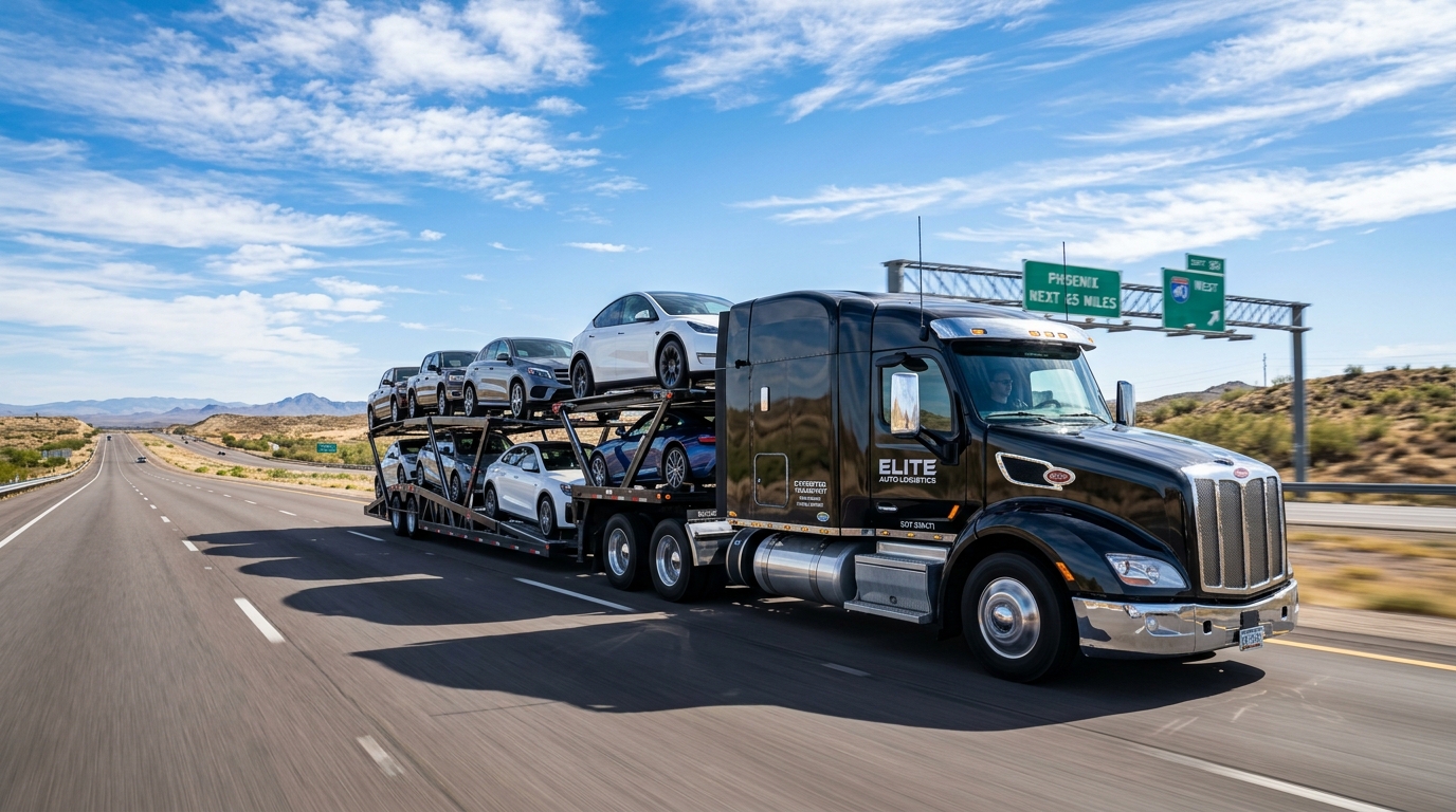 Expedited auto transport carrier arriving for priority vehicle pickup Expedited auto transport carrier arriving for priority vehicle pickup