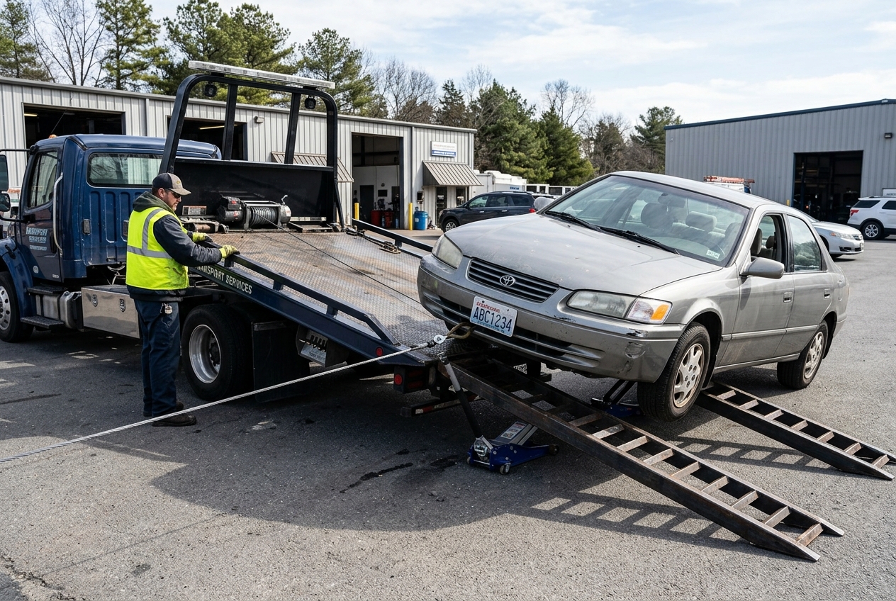 Non-running inoperable vehicle being winch-loaded onto a flatbed carrier truck