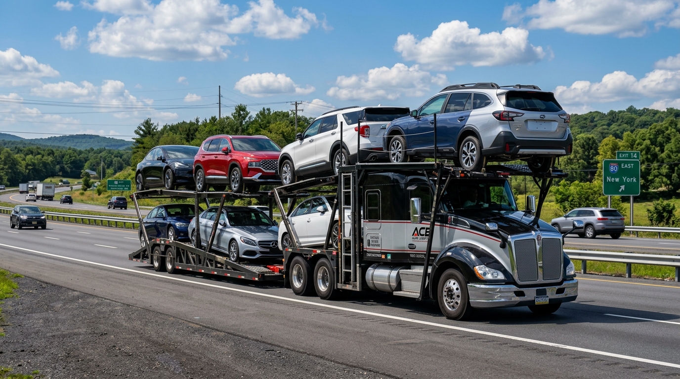 Open auto transport carrier loading a sedan onto a multi-car trailer Open auto transport carrier loading a sedan onto a multi-car trailer