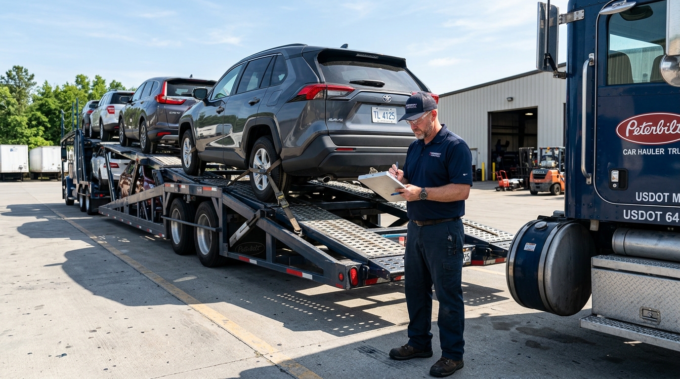 Driver and customer completing a vehicle inspection before open auto transport pickup Driver and customer completing a vehicle inspection before open auto transport pickup