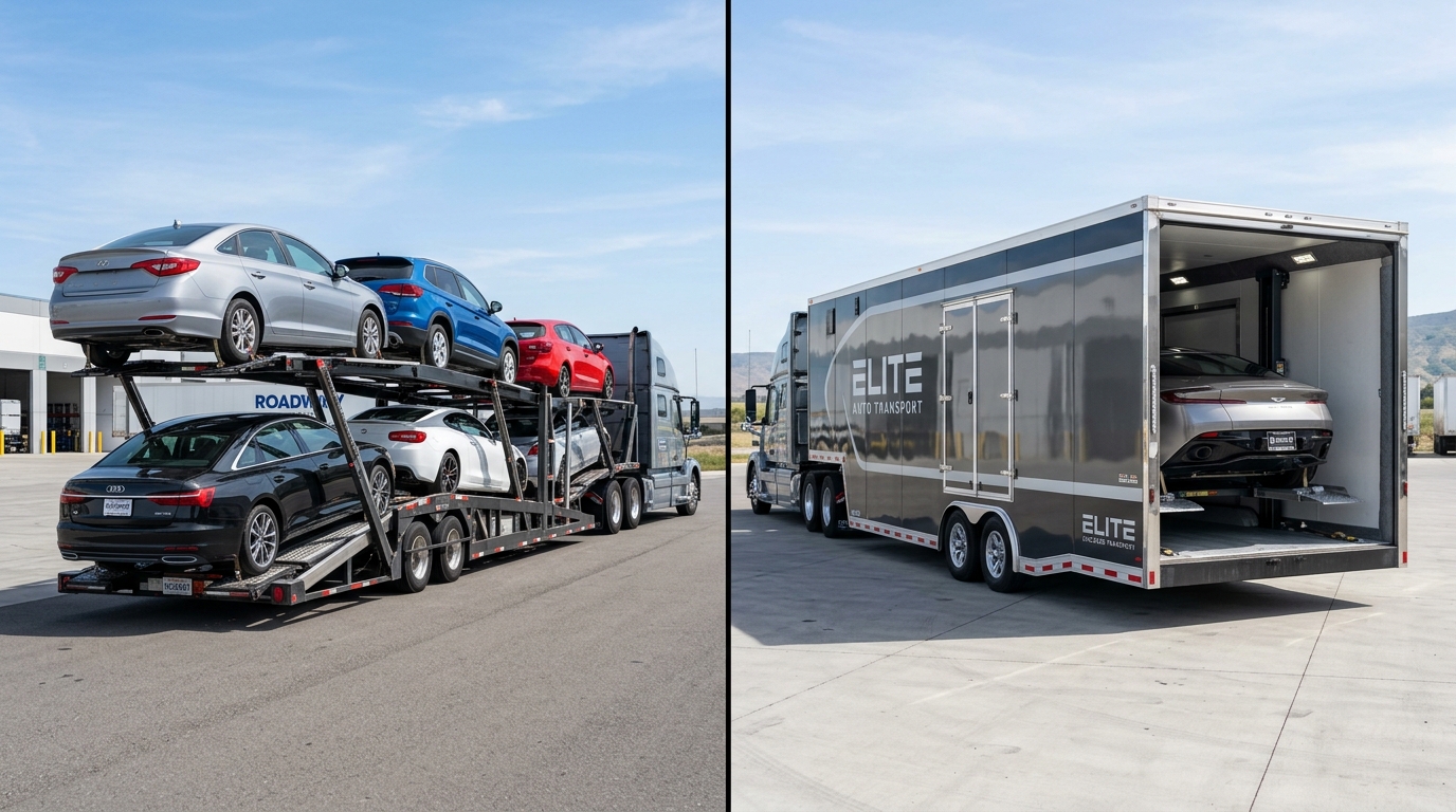 Side-by-side comparison of open trailer and enclosed trailer auto transport Side-by-side comparison of open trailer and enclosed trailer auto transport