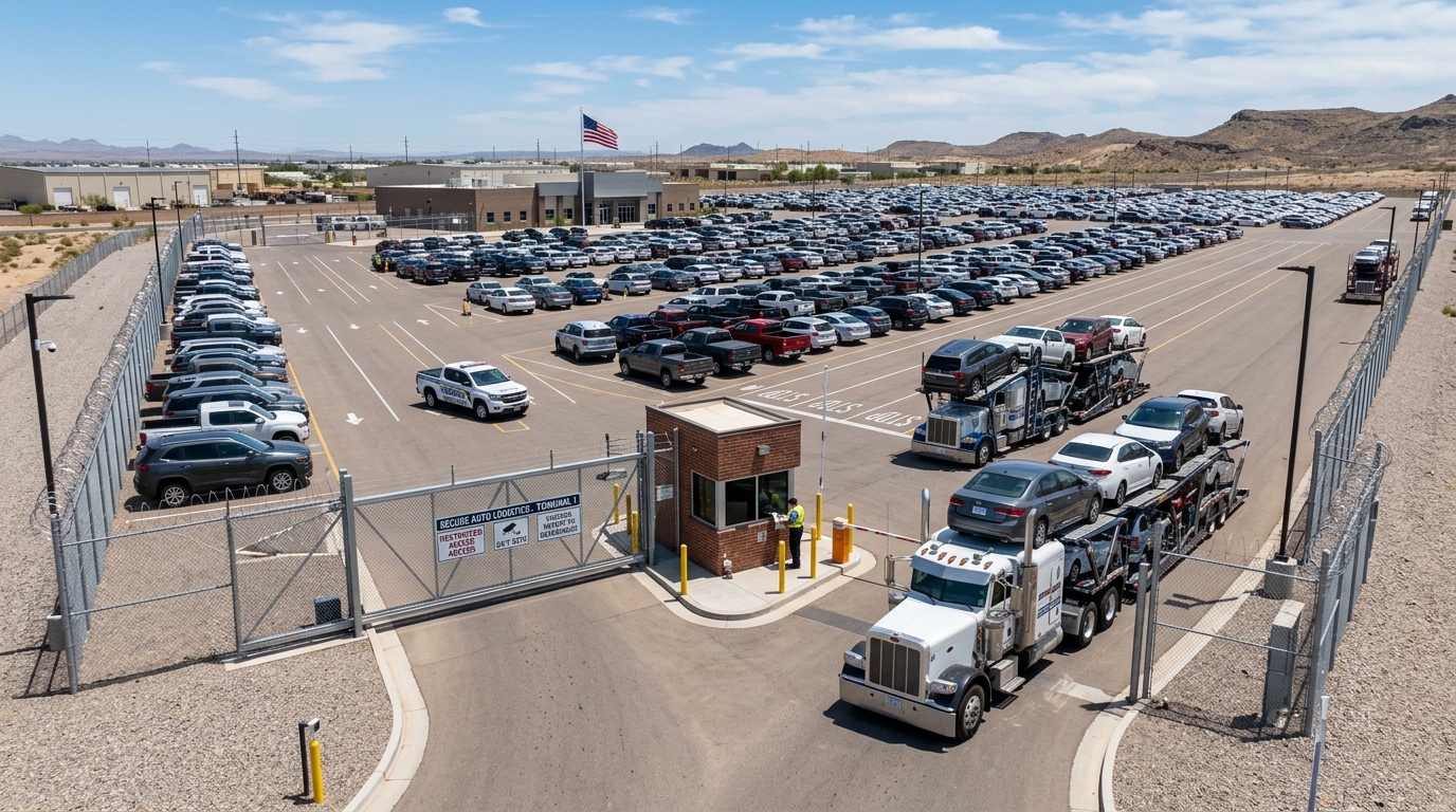 Secure vehicle storage yard at a terminal-to-terminal auto transport facility Secure vehicle storage yard at a terminal-to-terminal auto transport facility